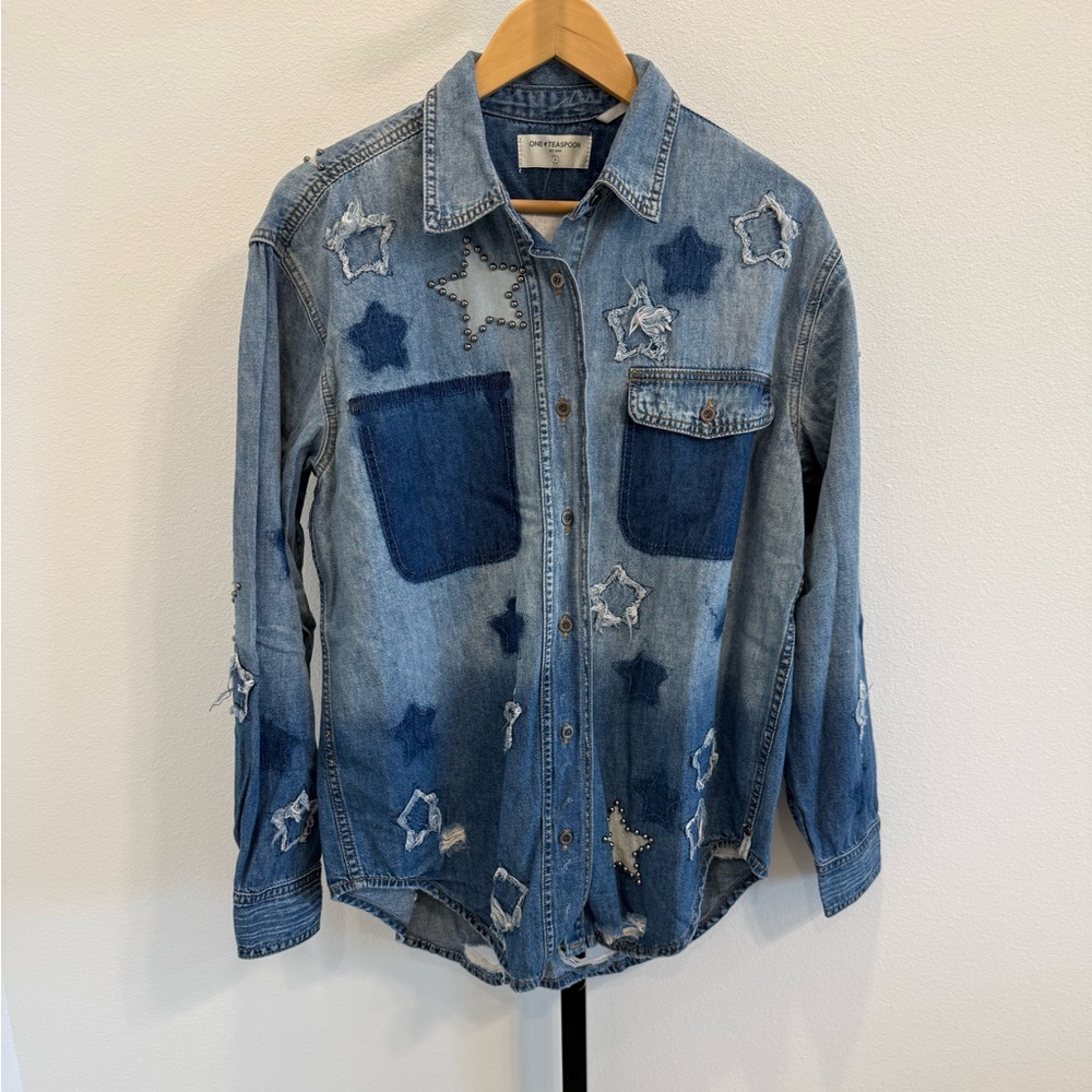 NWT One Teaspoon Johnny Blue Star Patch Denim Button-Down Shirt Small Boho FP